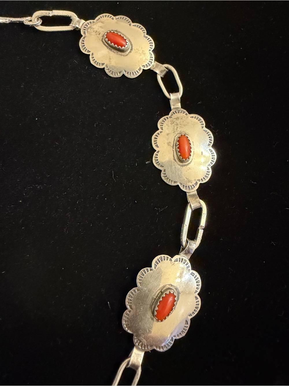 Rare Vintage Navajo Sterling Silver and Red Coral Concho Link Necklace - Picture 7 of 15